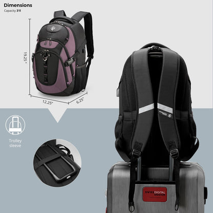 Swissdigital Design Laptop Backpack with USB Charging Port, TSA Travel Backpack Fits 15.6 inches Computer, 31L College School Backpack for Women, Light Purple/Black | SD803