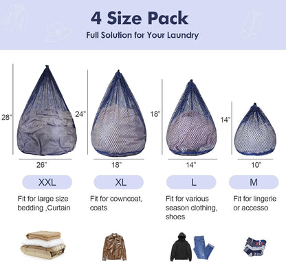 4Pcs Mesh Laundry Bags Washing Machine Mesh Wash Bags for Clothes,Underwear,Lingerie, Bed Linen with Drawstring Closure Sturdy(4 Size, Blue)