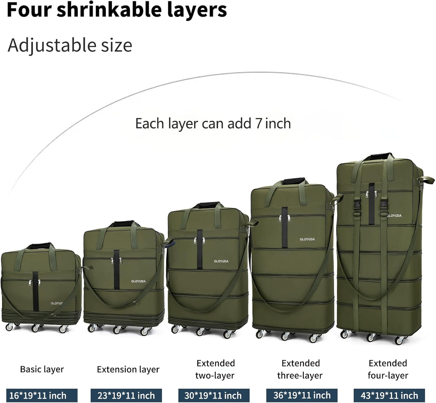 Expandable Foldable Luggage, 42'' Suitcase With Spinner Wheels, Rolling Duffle Bag with Wheels and Handle, Collapsible Luggage, With 2 Handle Wrap and 2 Fixing Straps, 1 Shoulder Strap (Green)