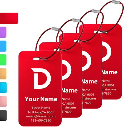 Personalized Luggage Tags, Custom Luggage Tags 4 Pack TSA Approved Double Sided Laser Engraving, Metal Luggage Tag for Suitcases with Stainless Loops, Name Tag for Bags, Backpacks (Red)