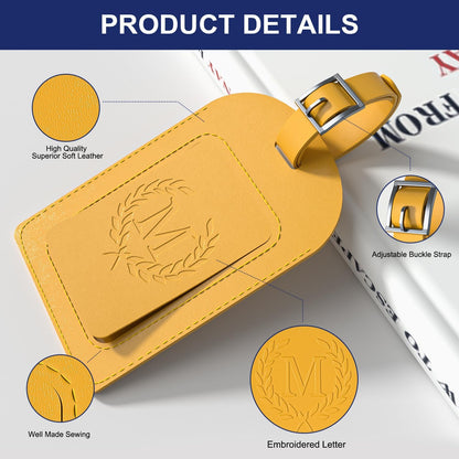 FESAS 3 Pack A-Z Alphabet Luggage Tags - Faux Leather Suitcase Tags with Privacy Cover & Replaceable Card - Initial Letter Monogram for Bags (Yellow)