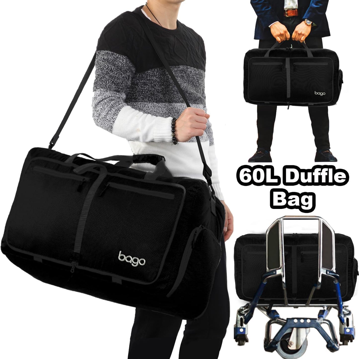 Bago Foldable Duffel Bags for Traveling Women & Men - 60L Medium Packable Duffle Bag for Travel with Shoe Compartment - Water Repellant, Heavy Duty, Lightweight Folding & Collapsible (All Black)