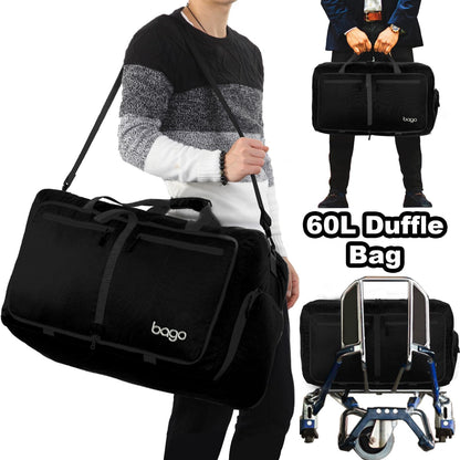 Bago Foldable Duffel Bags for Traveling Women & Men - 60L Medium Packable Duffle Bag for Travel with Shoe Compartment - Water Repellant, Heavy Duty, Lightweight Folding & Collapsible (All Black)