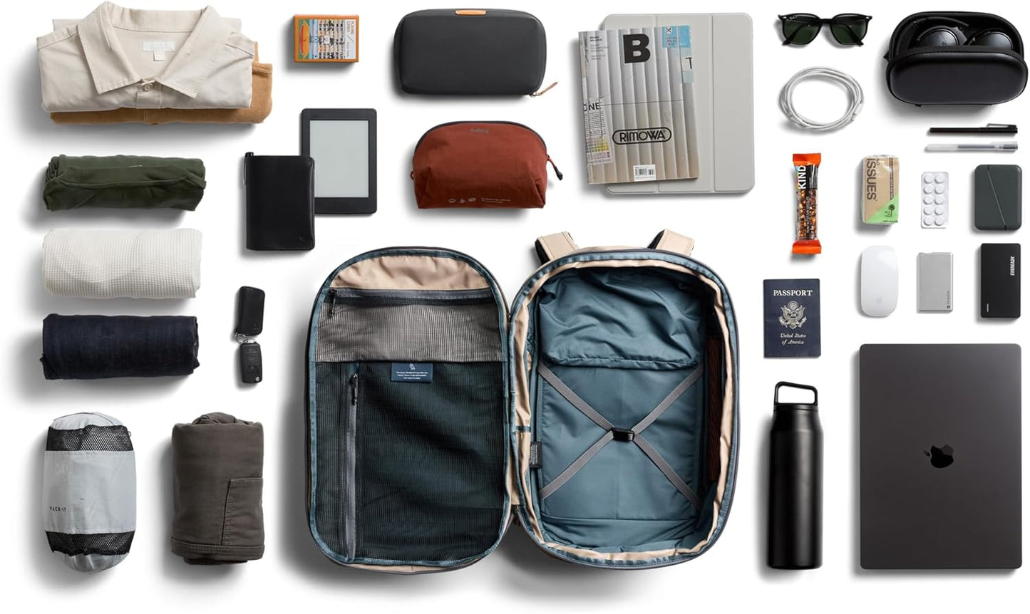 Bellroy Transit Travel Pack Pro (30–38 liter travel backpack, laptop sleeve, RFID protection zip bottle pocket) - Stone