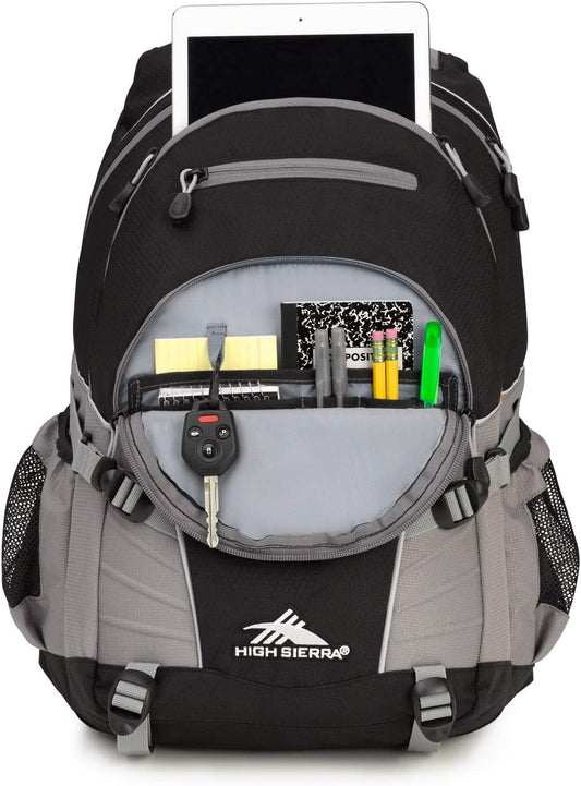 High Sierra Loop Backpack, Travel, or Work Bookbag with tablet sleeve, One Size, Black/Charcoal