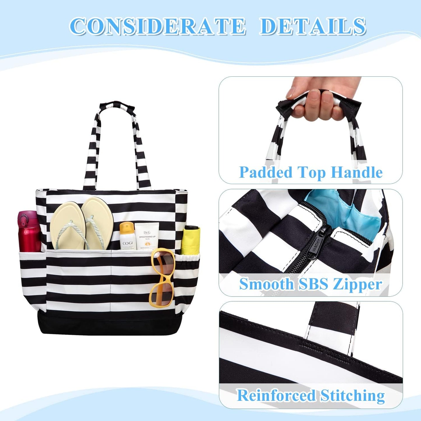 VASCHY Beach Bag for Women, Large Waterproof Sandproof Fold-able Packable Pool Tote Bag w Zipper/Pockets