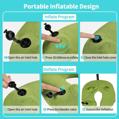 2 Pack Inflatable Travel Neck Pillows for Airplanes, Head Support Velvet Adult Neck Pillows for Long Flight, Kit with Eye Mask, Earplugs and Storage Bag, 2, Green