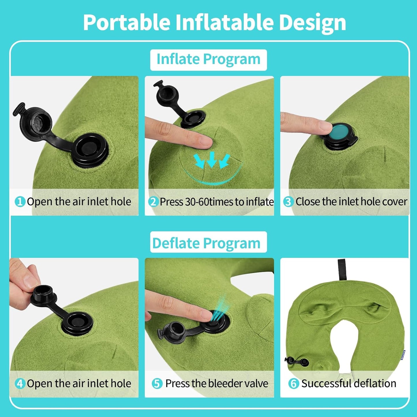 Inflatable Travel Neck Pillow for Airplane, Head Support Velvet Adult Neck Pillow for Long Flight, Kit with Eye Mask, Earplugs and Storage Bag,1, Green