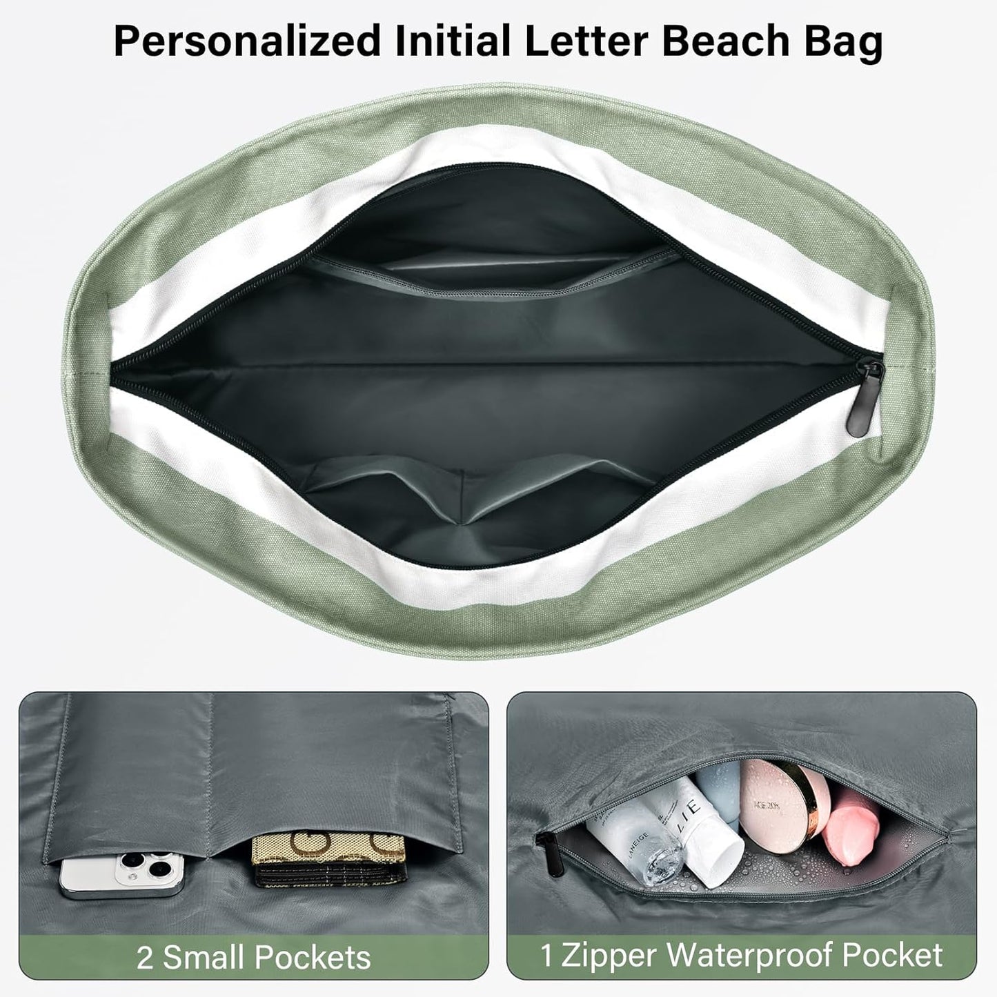 Becokan Beach Bag Initial Beach Tote with Makeup Bag for Travel Work Storage Personalized Birthday Gifts for Women Her