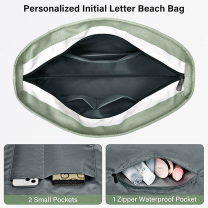 Becokan Beach Bag Initial Beach Tote with Makeup Bag for Travel Work Storage Personalized Birthday Gifts for Women Her