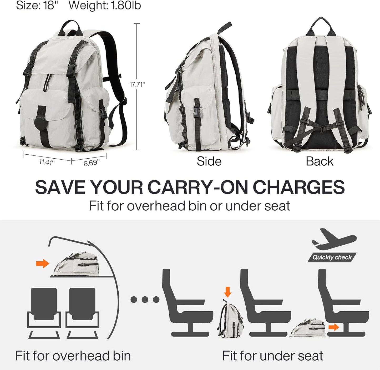 mixi Travel Backpack for Women Men, 18 Inch Carry On Laptop Backpack Flight Approved fits 16'' Laptop, Lightweight Waterproof Hiking Backpack Travel Outdoor Business Casual Daypack, Light Gray