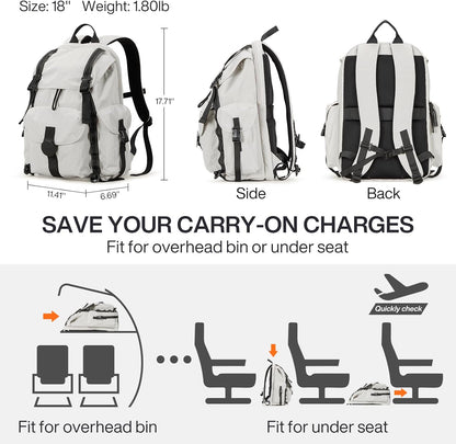 mixi Travel Backpack for Women Men, 18 Inch Carry On Laptop Backpack Flight Approved fits 16'' Laptop, Lightweight Waterproof Hiking Backpack Travel Outdoor Business Casual Daypack, Light Gray