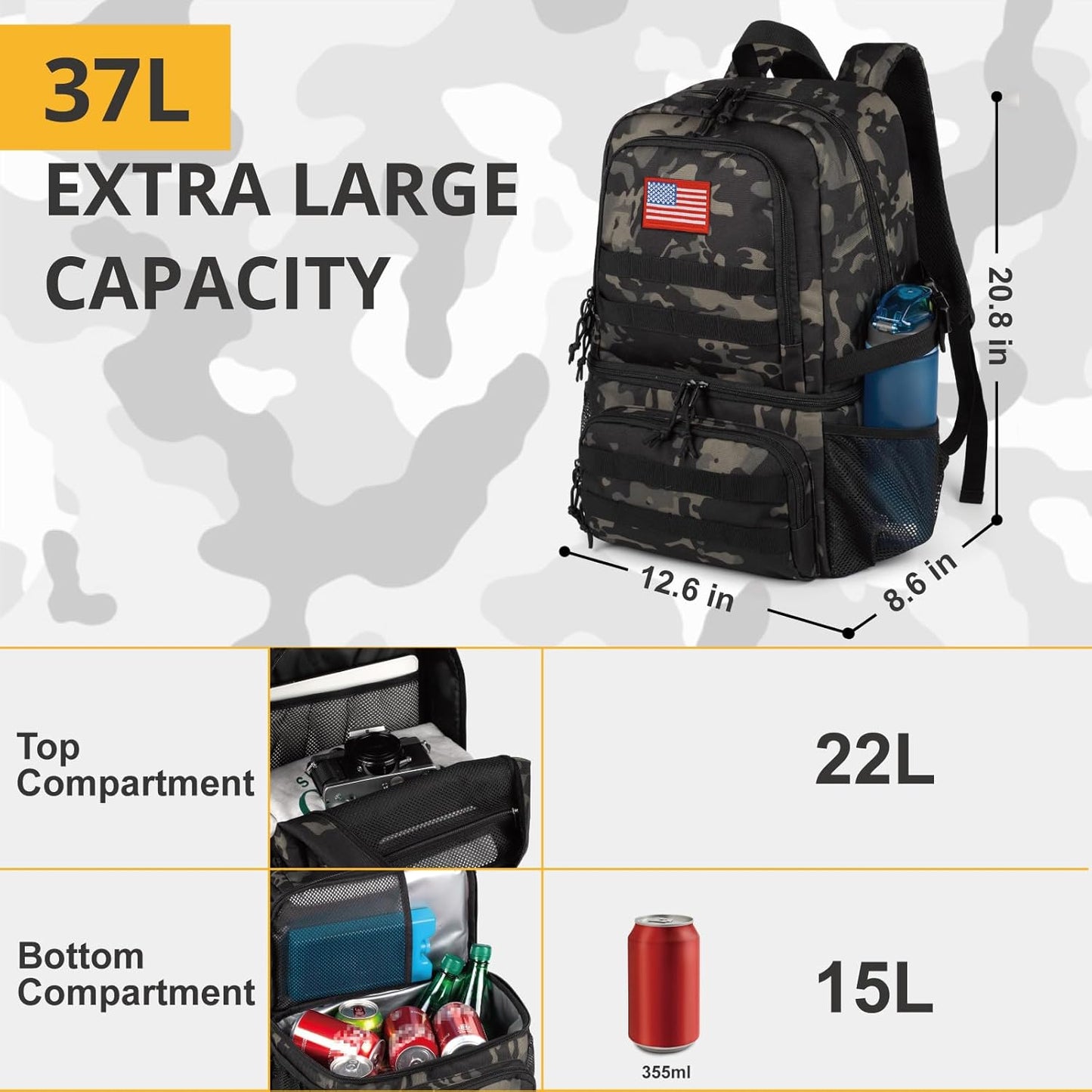 Tactical Double Deck Cooler Backpack for Men,Large Lunch Backpack with 2 Compartment,Soft Cooler Bag