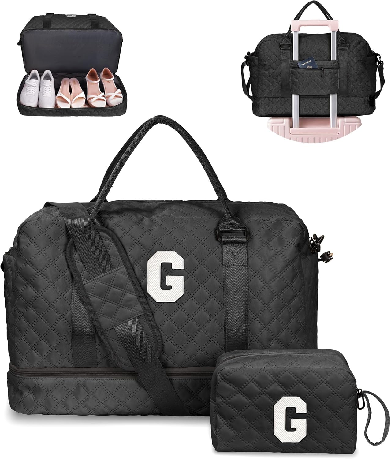 Women Gifts for Wife-Initial Duffle Bag with Shoe Compartment, Weekender Bag, Monogram Overnight Bag, Letter Travel Bag with Makeup Bag，Personalized Gift Idea for Women Her (Letter G)