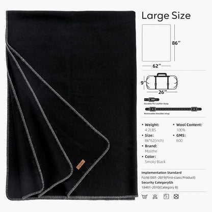 100% Wool Blanket, 62" x 86", Warm, Thick, Washable, Military Wool Blanket, Great for Camping, Outdoors, Sporting Events, Survival Kits,Carbon Black