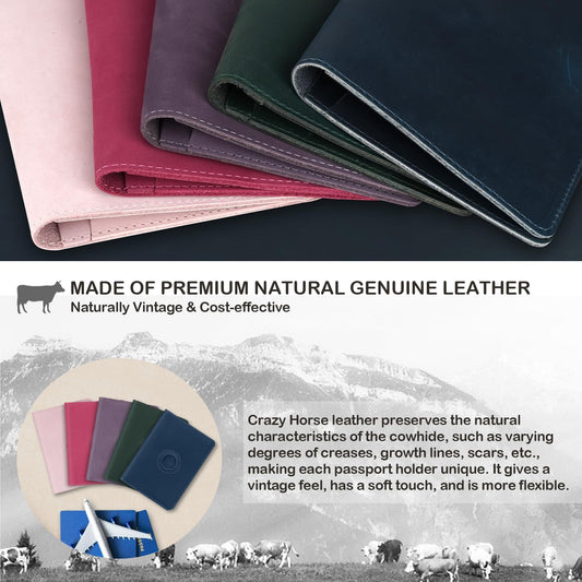 Airtag Passport Holder for Women Men Travel, Real Leather Passport Wallet, Handmade Passport Cover Case with Airtag Slot, Travel Must Haves Essentials Accessories Birthday Gifts(Crazy Horse, Rose Red)