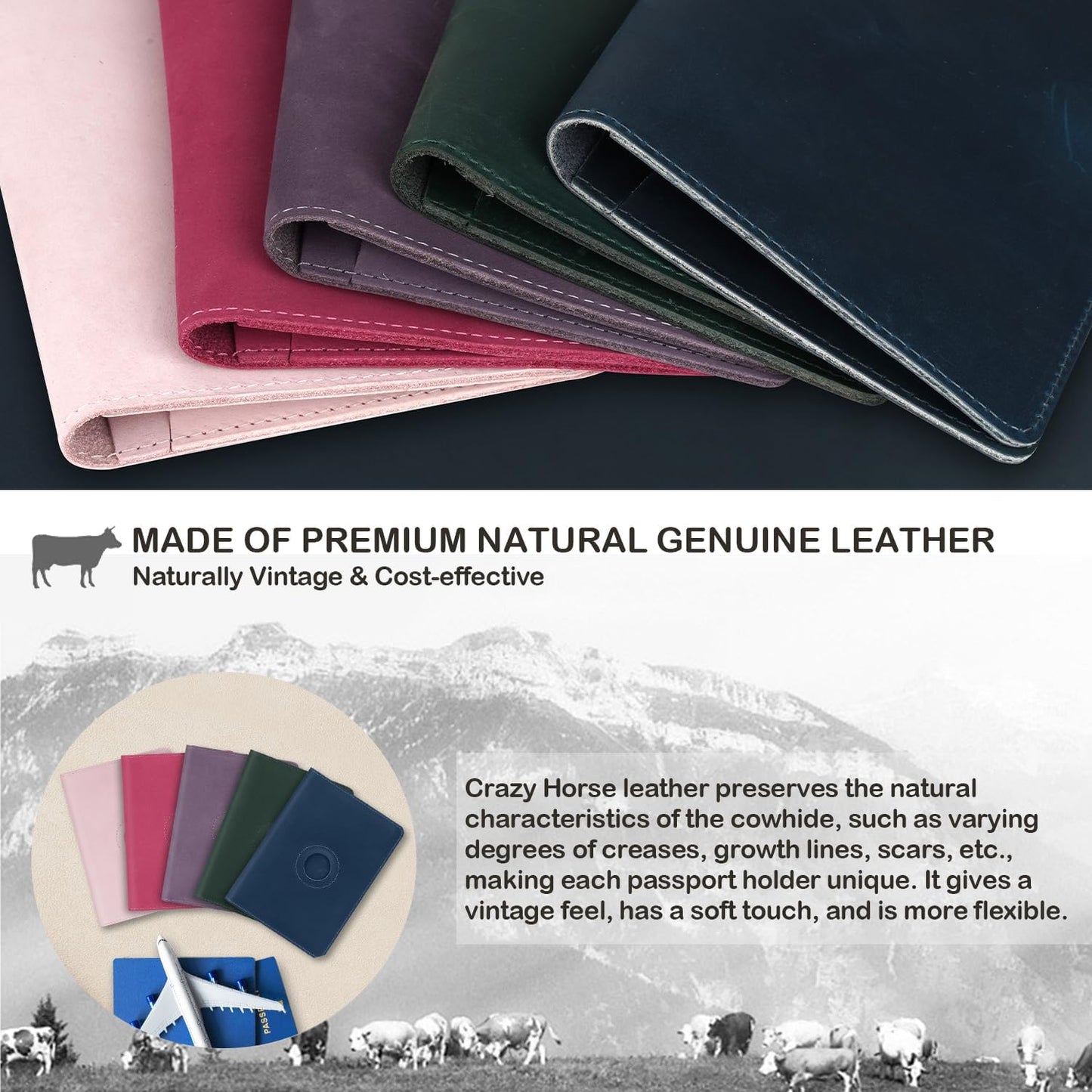 Airtag Passport Holder for Women Men Travel, Real Leather Passport Wallet, Handmade Passport Cover Case with Airtag Slot, Travel Must Haves Essentials Accessories Birthday Gift(Crazy Horse,Light Pink)