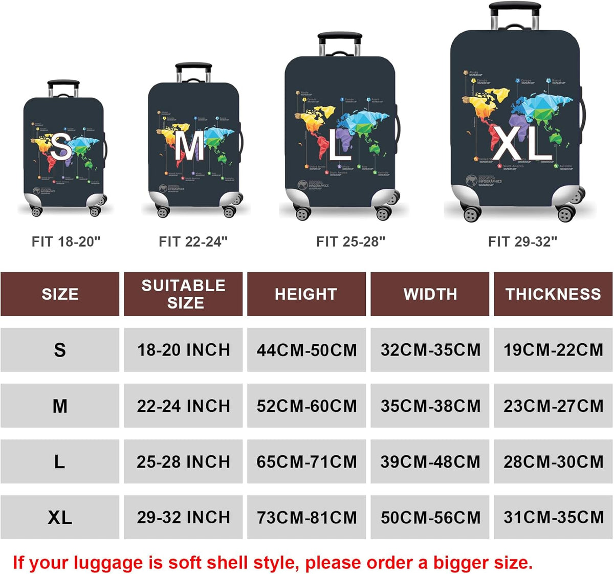 WUJIAONIAO Travel Luggage Cover Baggage Suitcase Cover Protector Skins 18-32 Inch (map, L (for 25-28 inch luggage))