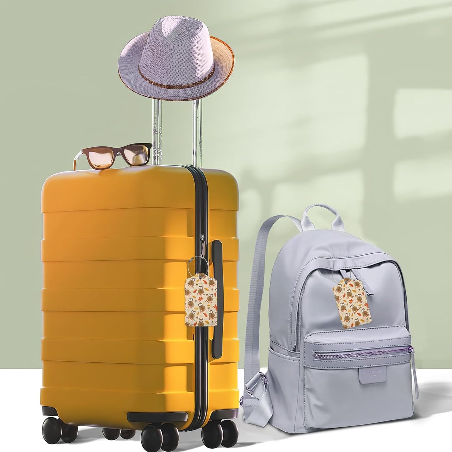 2 Pack Luggage Tags for Suitcase,Autumnal Leaves and Owl Bird Leather Luggage Tag Bag Tags Identifiers Privacy Cover Id Label with Steel Loop for Women Men Girls Boys Travel