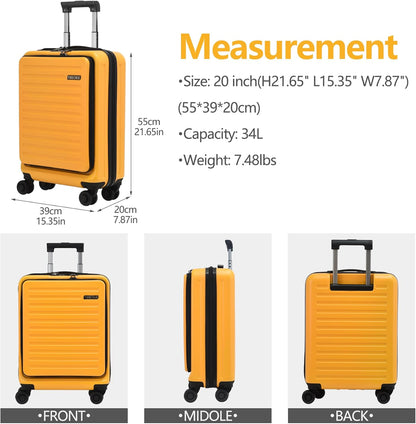 TydeCkare 20 Inch Carry On Luggage with Front Pocket, 21.65 * 15.35 * 7.87" Suitable for Airplane Overhead Bin, 34L PC+ABS Hardshell, Orange