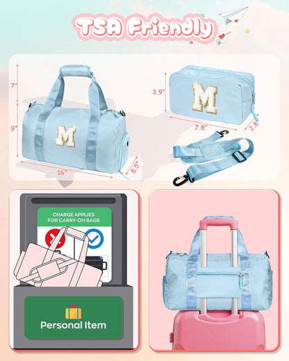 Cute Preppy Gifts for Girls-Girl Gym Bag with Shoe Compartment, Kid Personalized Weekender Overnight Bags, Initial Travel Tote with Makeup Pouch, Chenille Gift for Teen (Letter D)