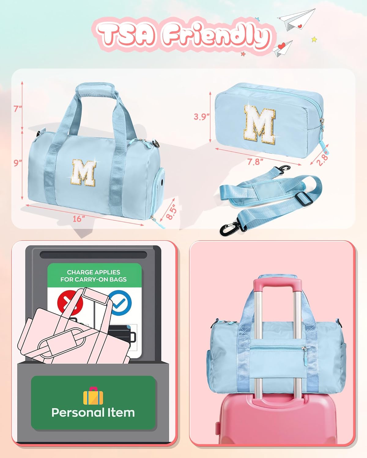 Valentines Day Gift for Girls-Girl Gym Bag with Shoe Compartment, Kid Personalized Weekender Overnight Bags, Initial Travel Tote with Makeup Pouch, Easter Gifts for Teen Daughter (Letter Q)