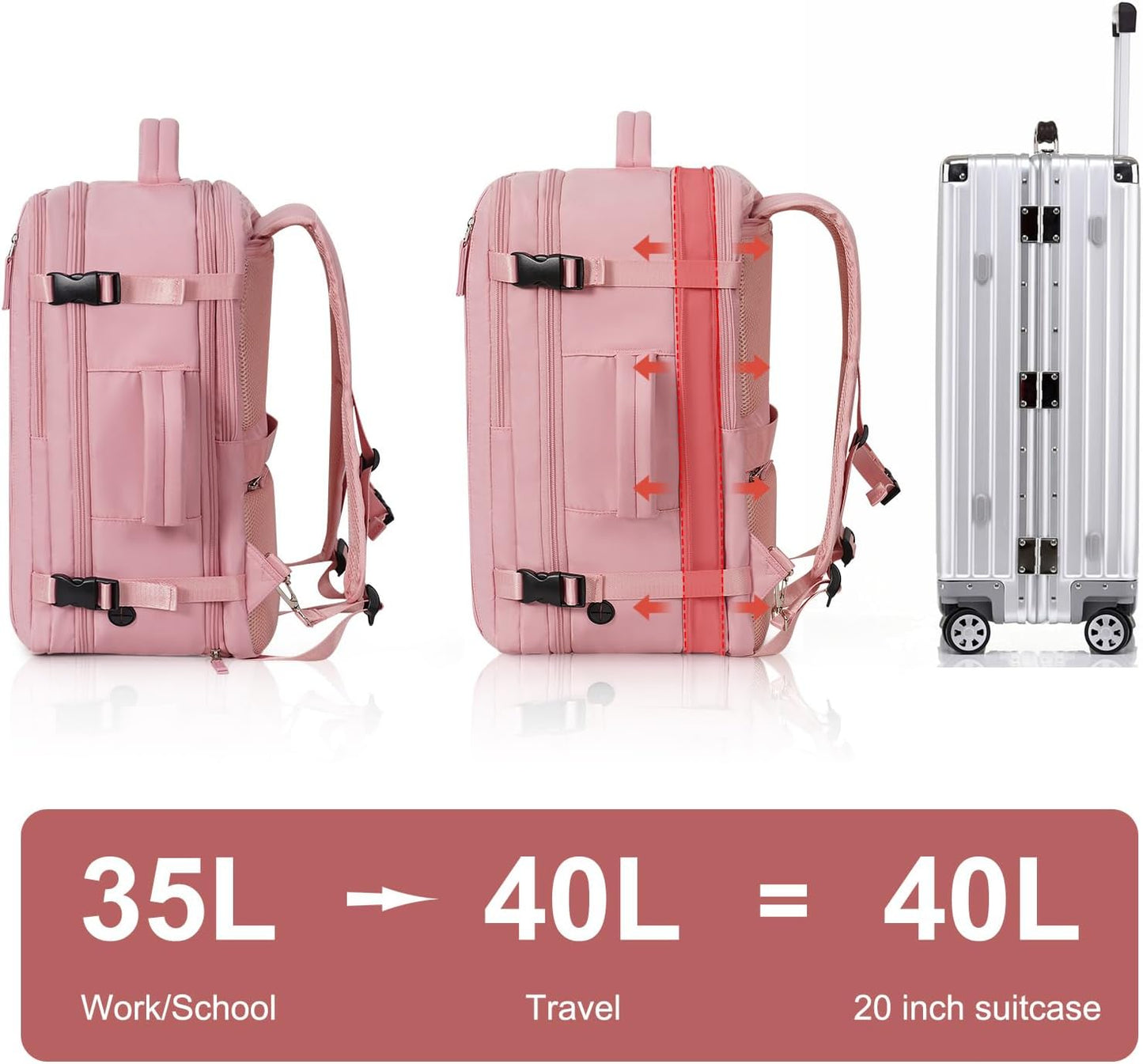 Hanples Carry on Travel Backpack for Women, Large 40L Personal Item Luggage Backpack,17inch Laptop Backpack TSA Flight Approved, Travel Essentials Casual Daypack with 2 Toiletry Bags (Pink)