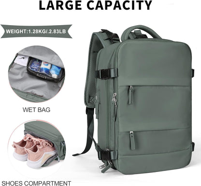 coowoz Large Travel Backpack For Women Men,Carry On Flight Approved,Hiking Waterproof Outdoor Rucksack Casual Daypack Fit 15.6 Inch Laptop Shoes Compartment (Olive Green)