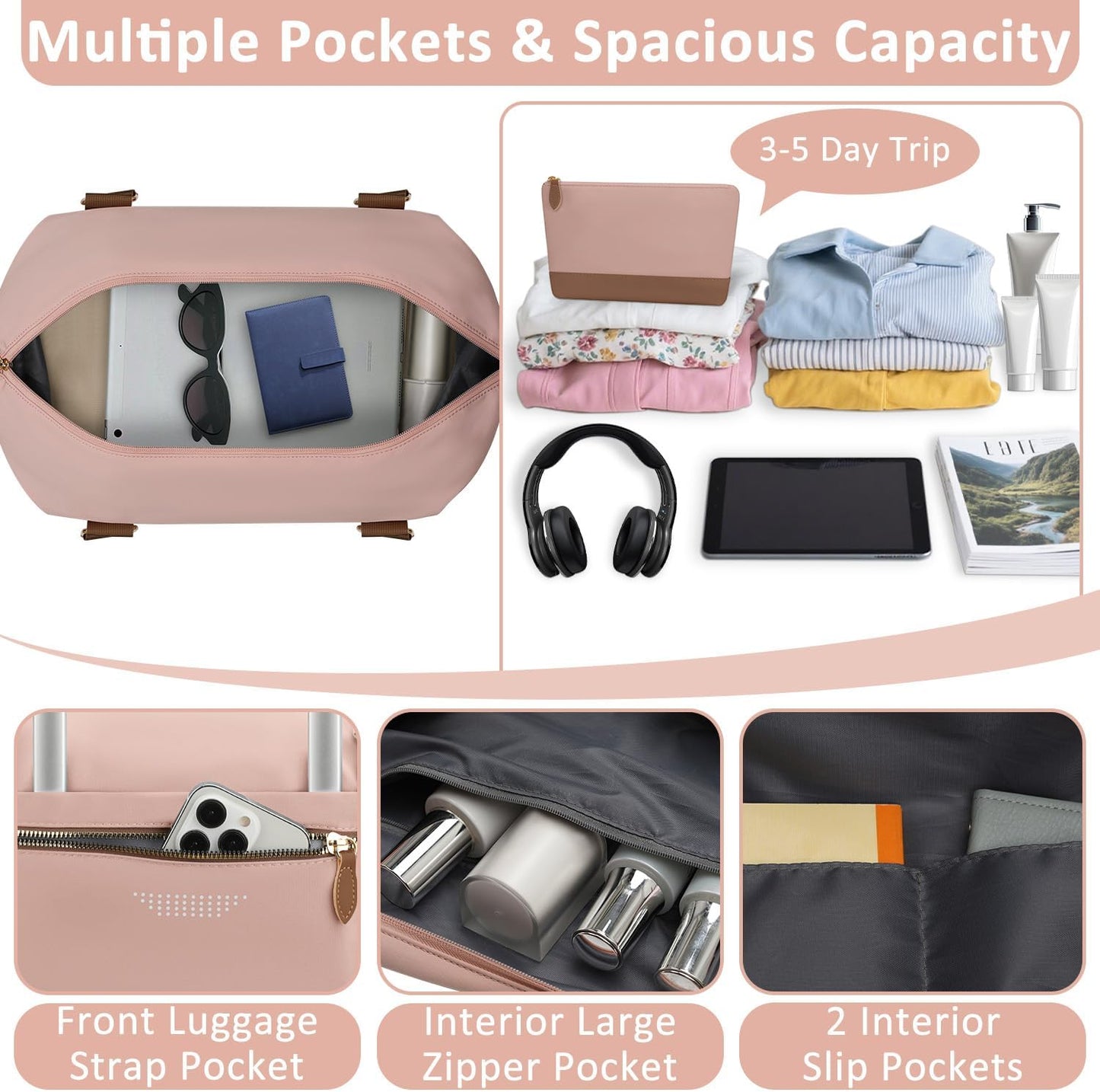 Travel Duffle Bag for Women, Weekender Bags, Hospital Bag for Labor Delivery, Lightweight Tote Duffel Overnight Bag with Luggage Sleeve, Airplane Travel Bags with Toiletry Bag, Large, Pink