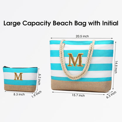Becokan Beach Bag Initial Beach Tote with Makeup Bag for Travel Work Storage Personalized Birthday Gifts for Women Her