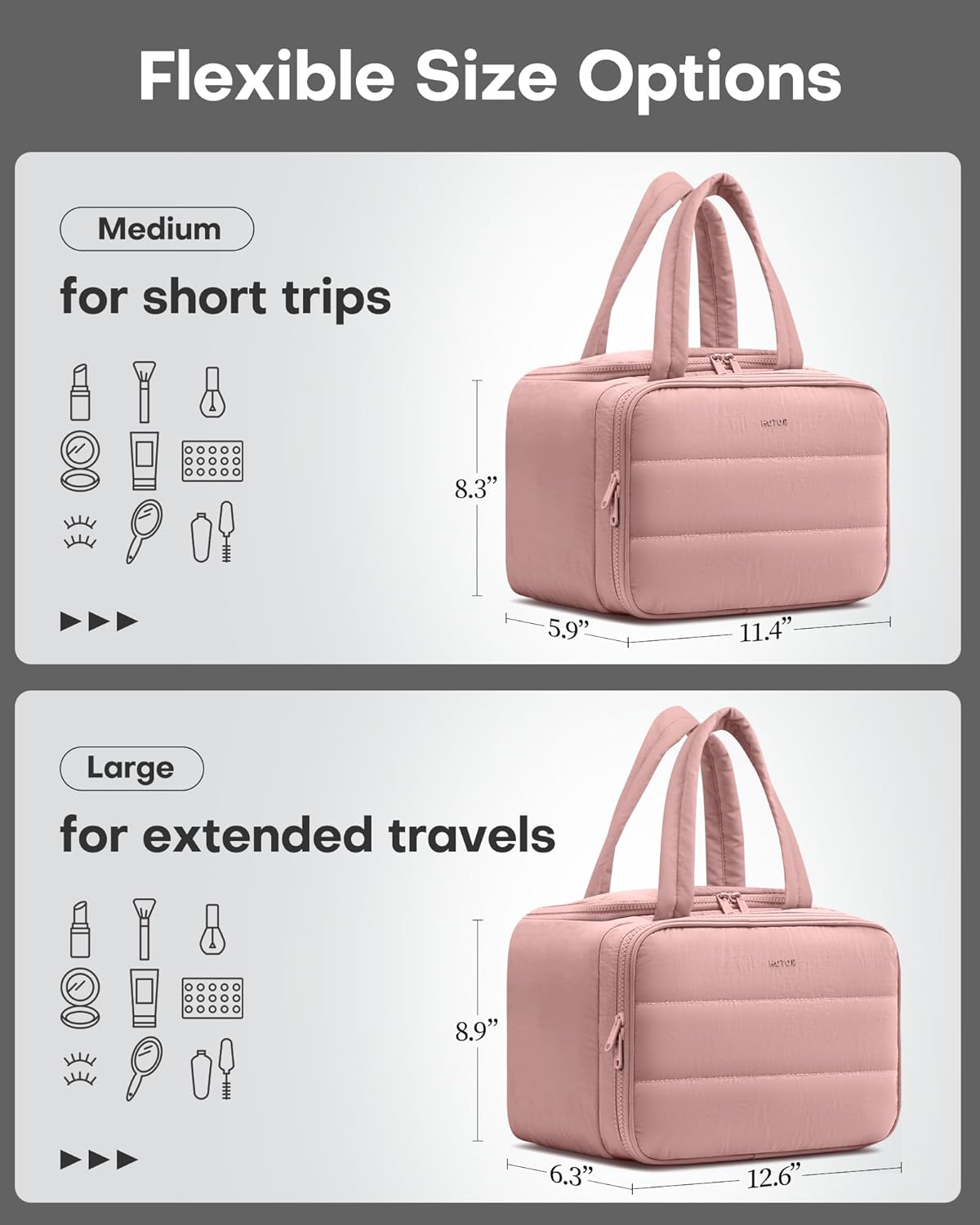 HOTOR Travel Toiletry Bag - Wide-Open Toiletry Bag for Women, Multi-Pocket Makeup Bag for Travel Essentials, Wet & Dry Separation Travel Accessories for Trip, Gym, 12.6" x 6.3" x 8.9", Dark Pink