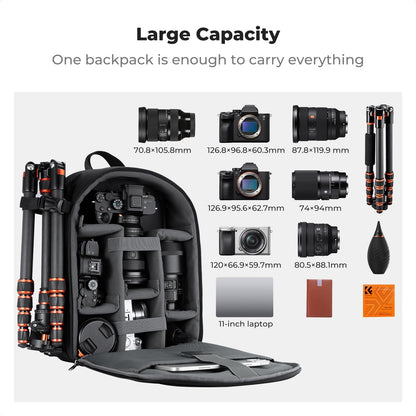 K&F CONCEPT Lightweight Camera Backpack Bag, Professional Photography Bag Compatible with Canon/Nikon/Sony Camera and Lens Accessories, Camera Case with Tripod Strap & Rain Cover