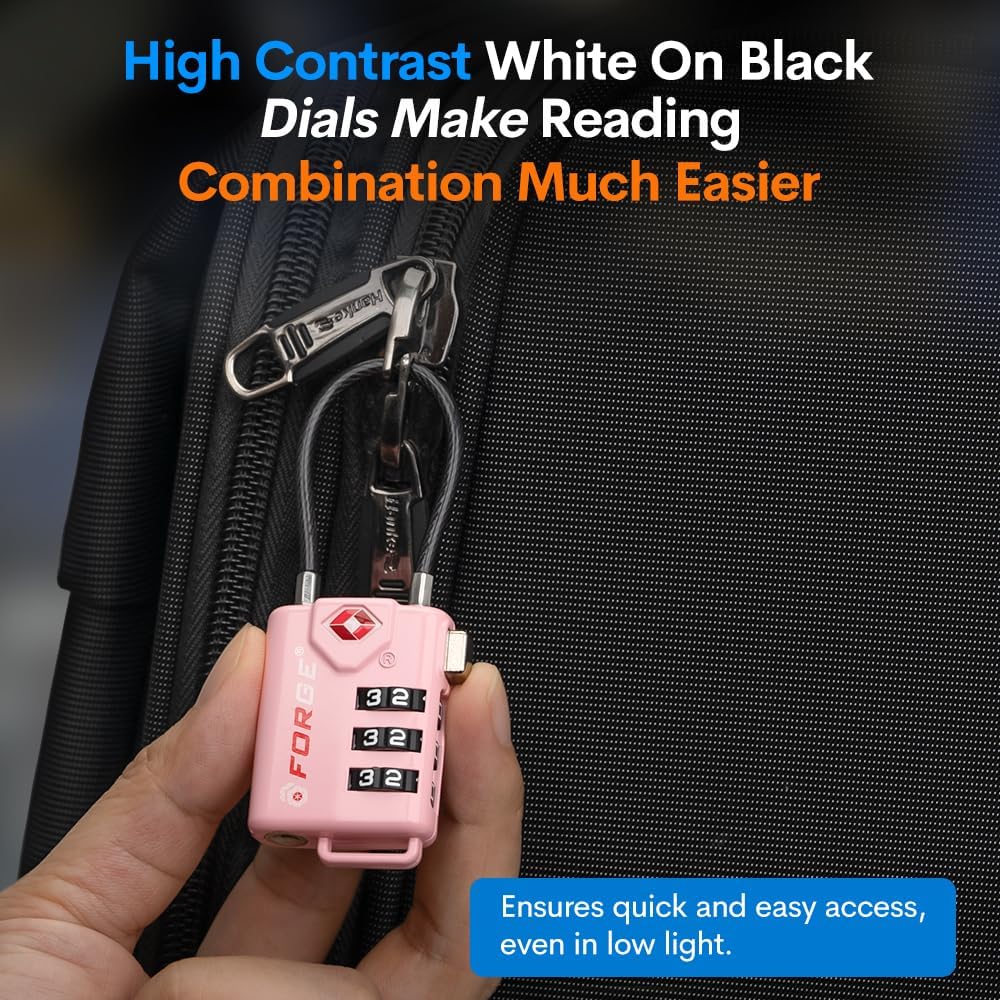 Forge TSA Approved Cable Luggage Locks, 2 Pink Locks, Re-settable Combination with Alloy Body
