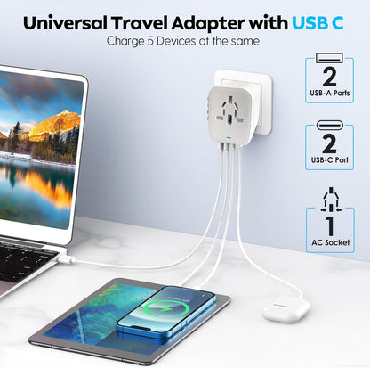 JMFONE International Power Plug Adapter, Universal Travel Adapter with 2 USB-C & 2 USB-A Ports and Multi AC Sockets, All-in-One Worldwide Travel Outlet Charger Adapter for EU US UK AU 200+ Countries