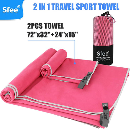 Sfee 2 Pack Microfiber Travel Towel, Quick Dry Towel Camping Towel Large Beach Towel Super Absorbent Compact Lightweight Sports Towel Gym Towel Set for Beach, Gym, Hiking, Pool, Backpacking,Bath,Yoga