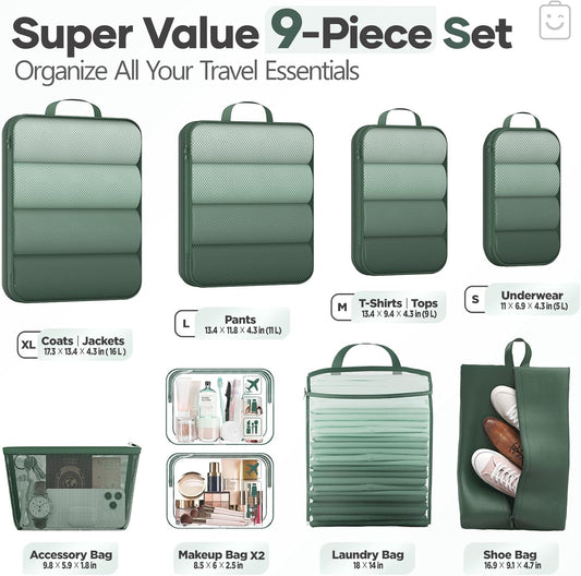 Veken 9/11 Set Compression Packing Cubes for Travel Essentials,Compressible Expandable Large Luggage Suitcase Organizer Bags for Clothing,Durable Space Saver Storage Bags(Dark Green)
