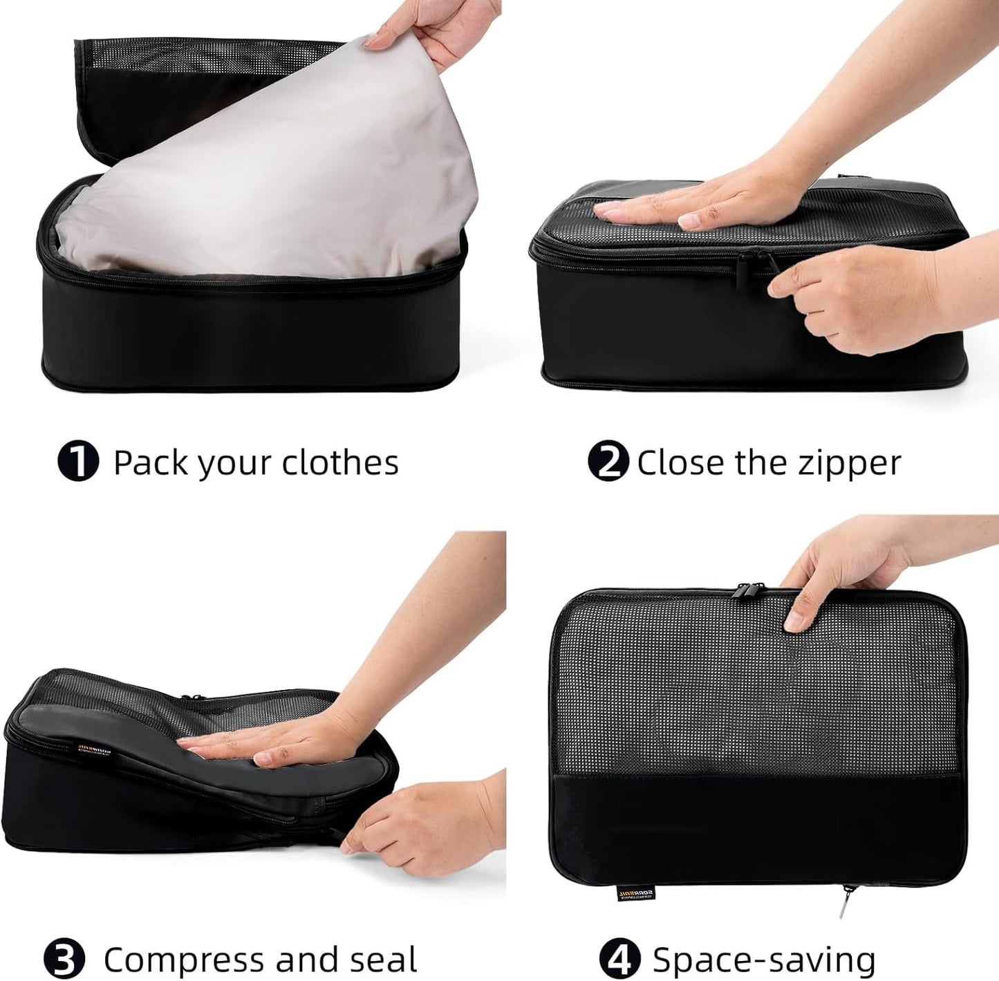 4 Piece Compression Packing Cubes for Suitcases and Backpack, Lightweight Travel Organizers (Black)