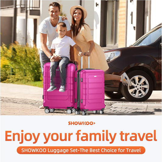 SHOWKOO Luggage Sets Expandable PC+ABS Durable Suitcase Sets Double Wheels TSA Lock Megenta 3pcs