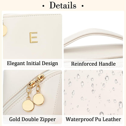 Birthday Gifts for Women Teen Girl, Personalized Initial Makeup Organizer Bag Set, Open Flat Travel Cosmetic Bag With Clear Divider and Handle(Beige,E)