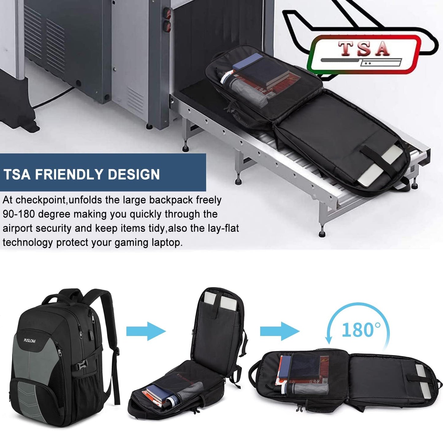 PUSLOM Extra Large Travel Laptop Backpack for Men 55L,Water Resistant 18.4 inch Big Business Laptop bags with USB Charging Port,TSA Friendly Anti Theft Computer Bag for Work College,Grey