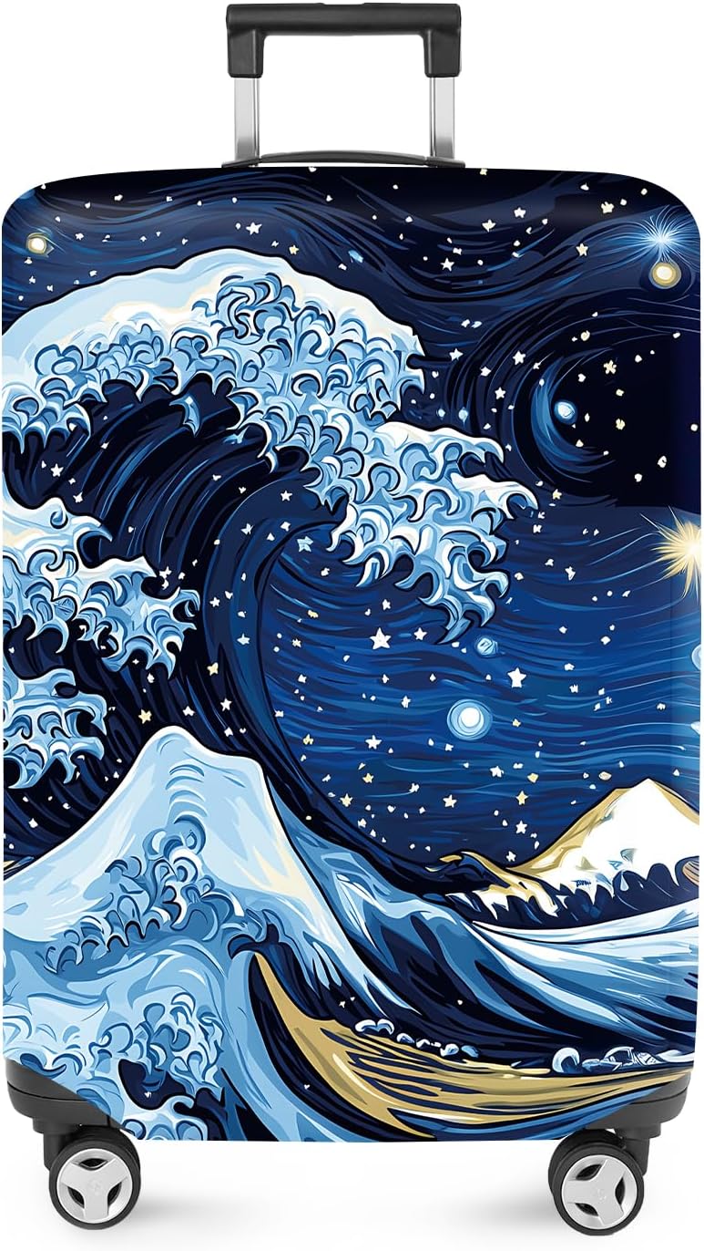 ANNA QUEEN Starry Ocean Wave Luggage Cover, Suitcase Protector with Artistic Van Gogh Style, Stretchable, Washable Travel Cover for 32-34 Inch Luggage