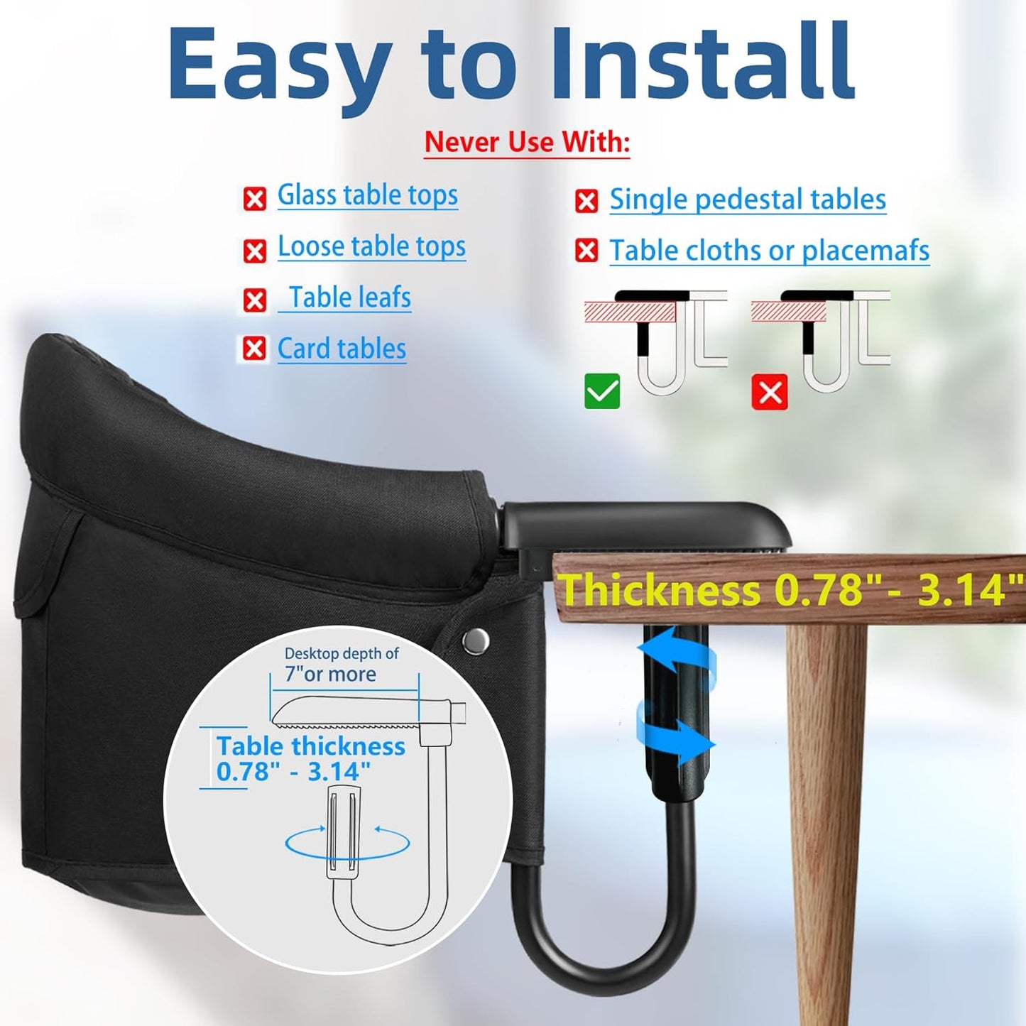 Hook On High Chair, Attach to Fast Table Chair,Clip on High Chairs to Table,Foldable Storage Feeding Baby Seat for Baby Toddler Home and Travel,Lightweight Space-Saving Design,Portable High Chairs