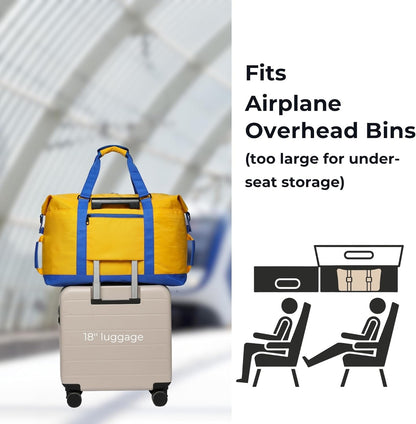 SUNNY BIRD Duffel with Utility Pouch, 40L Weekender Overnight Bag with Shoe Compartment for Travel and Sports (Yellow and blue)