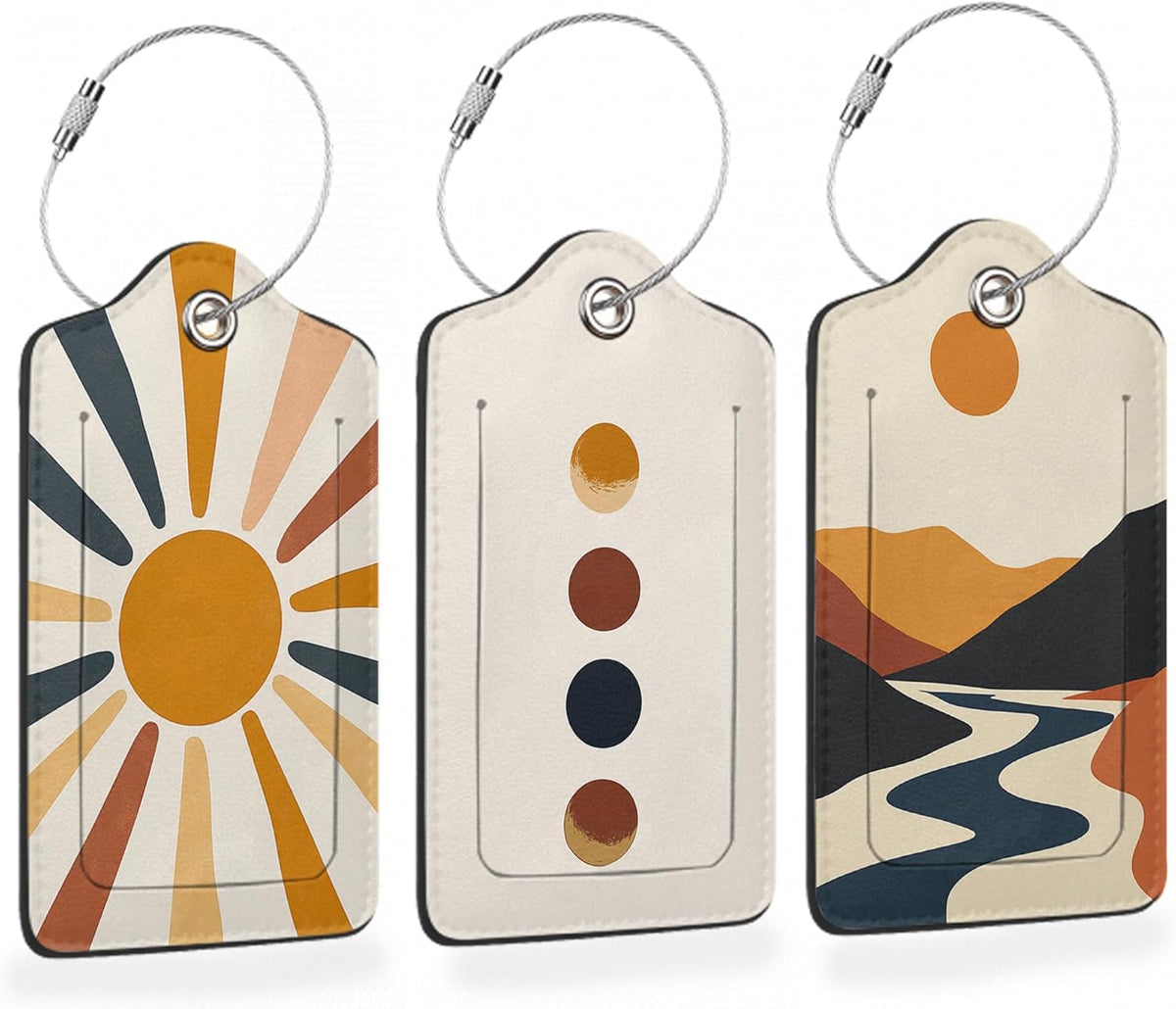 Boho Color Sunburst PU Leather Luggage Tags for Suitcase, Abstract Desert Travel Cruise 3 Pack with Privacy Flap, Name ID Label and Metal Loop for Women Men Girls Baggage Bag Backpack