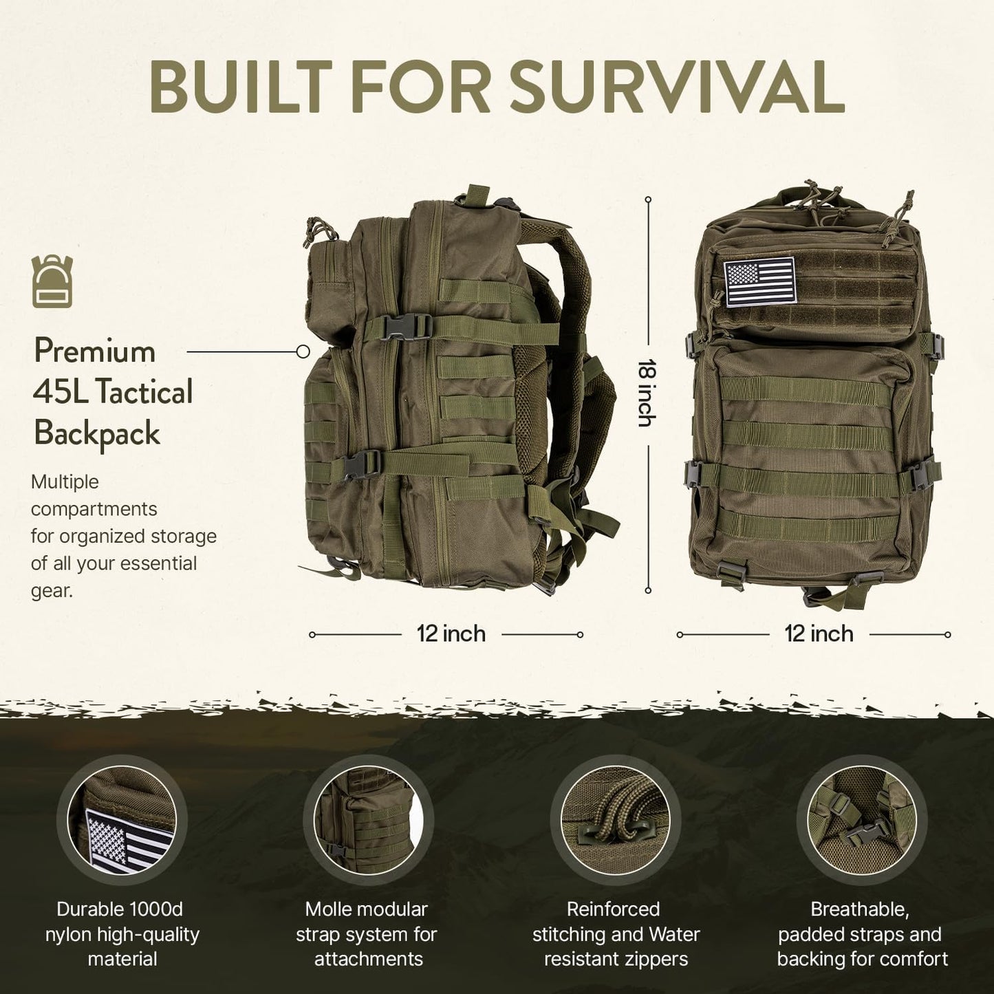 72-Hour Survival Kit | Emergency Bug Out Bag with First Aid, Water Filter, Food, Tools | 45L Tactical Backpack for Camping, Hiking, Outdoor Emergency Preparedness