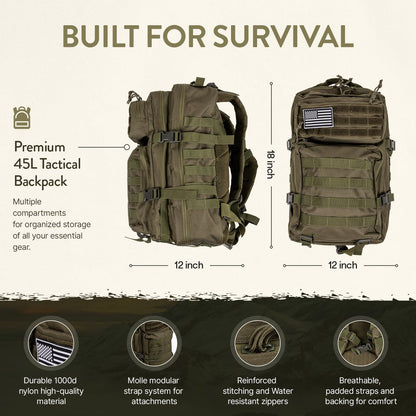 72-Hour Survival Kit | Emergency Bug Out Bag with First Aid, Water Filter, Food, Tools | 45L Tactical Backpack for Camping, Hiking, Outdoor Emergency Preparedness