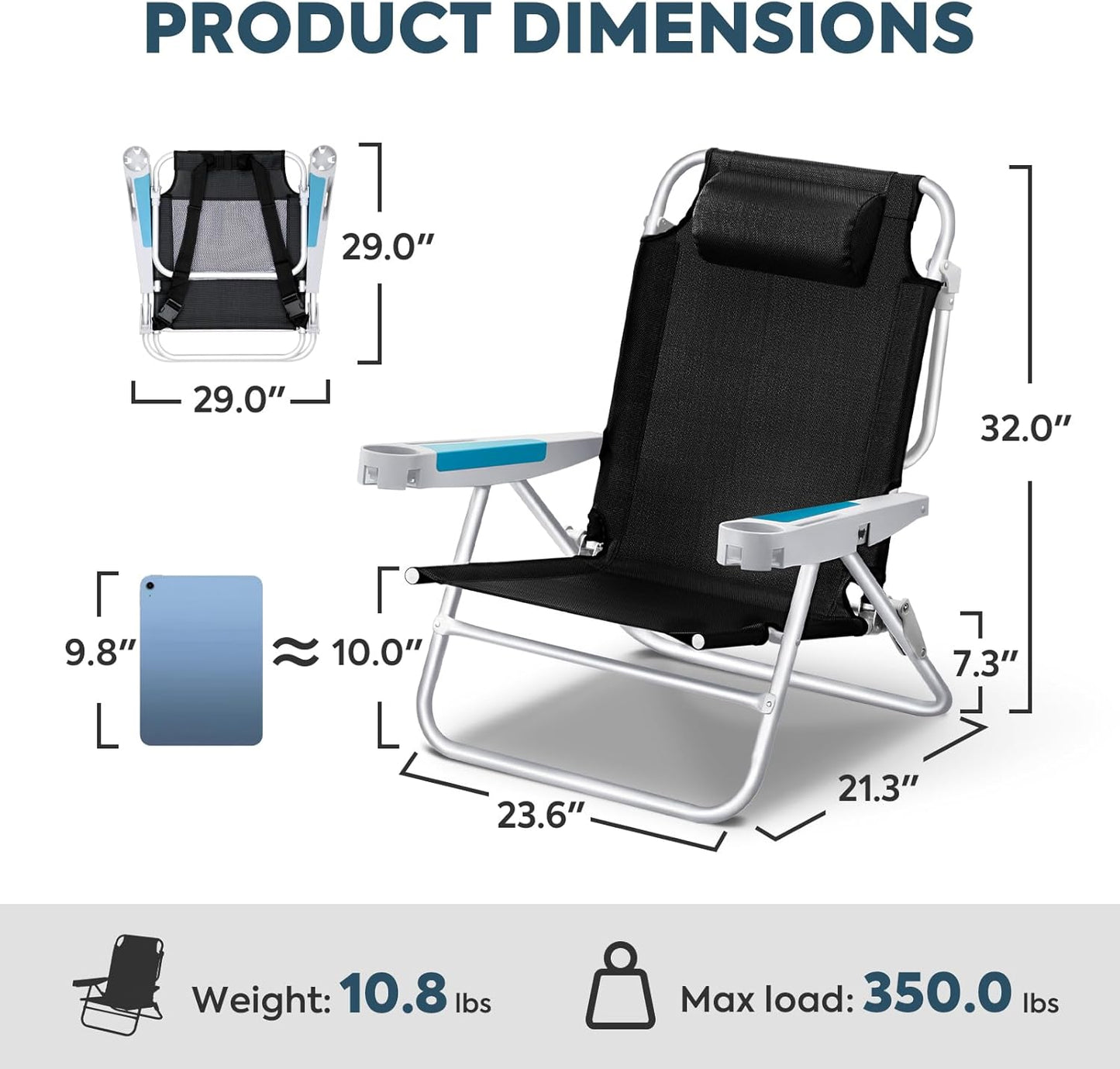 ICECO Backpacking Beach Chairs for Adults, 5 Positions Reclining Chair, Heavy Duty Folding Chairs, Portable Lay Flat Outdoor Chair with Cup Holder for Beach, Camping, Lawn, 350lb Capacity
