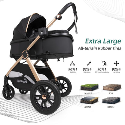 6-in-1 Convertible Baby Stroller with Bassinet Pushchair - Folding Infant Newborn Stroller w/Footmuff, Rain Cover, Cup Holder & Large Storage, Toddler w/All-Scene Large Wheels, Reversible Seat(Black)