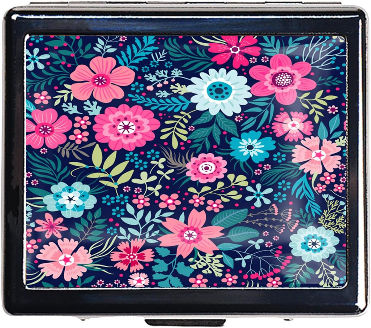 Silver Vintage Pill Box 7 Day Metal Pill Box with Mirror and 8 Compartments Cute Travel Pill Organizer for Purse (Colorful Floral Pattern)