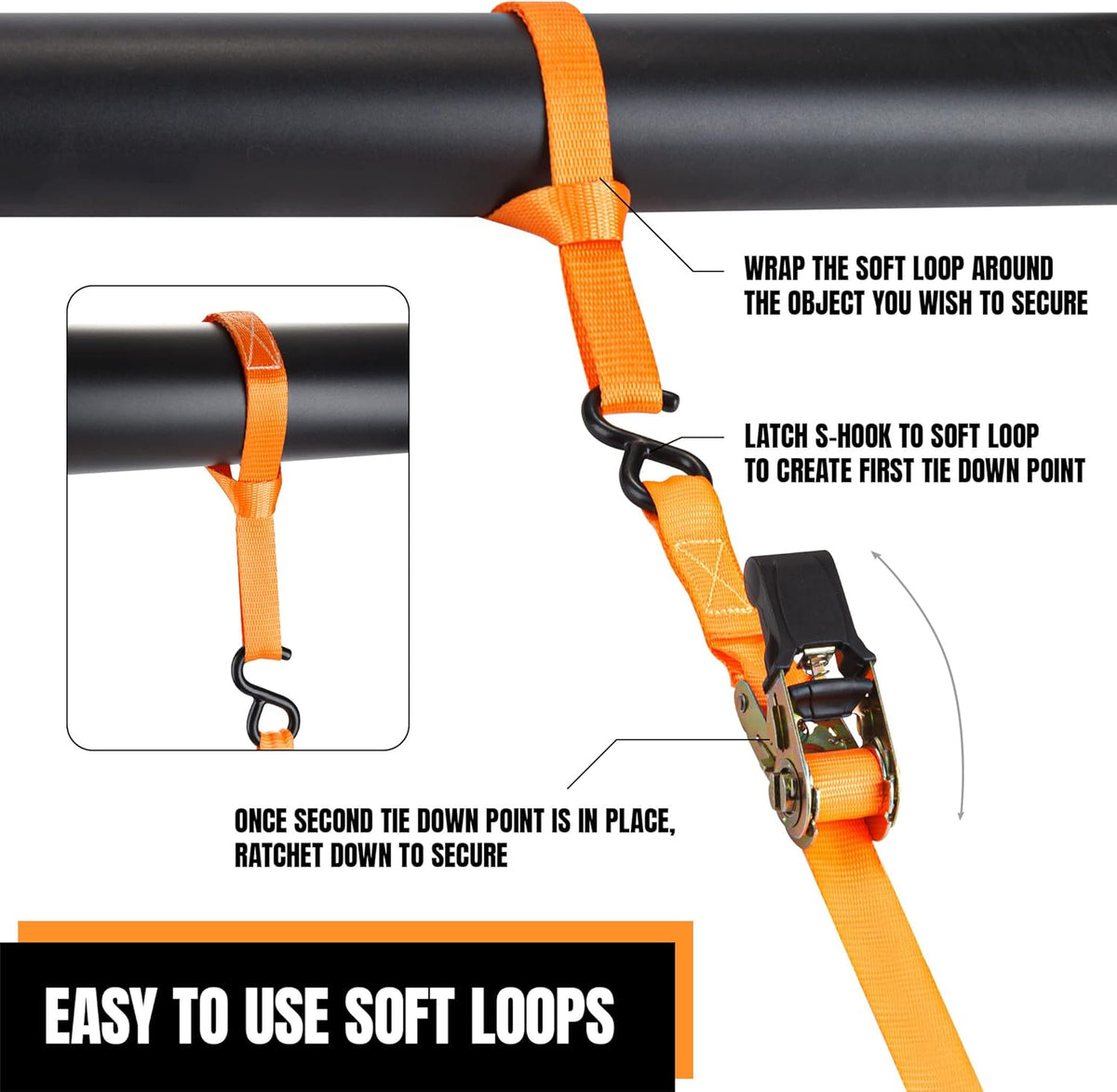 Cartman 1" x 15' Ratchet Tie Down up to 1500lbs 4pk in Carry Bag, with 18" Soft Loop Tie-Down Straps & 32" Bungee Cord